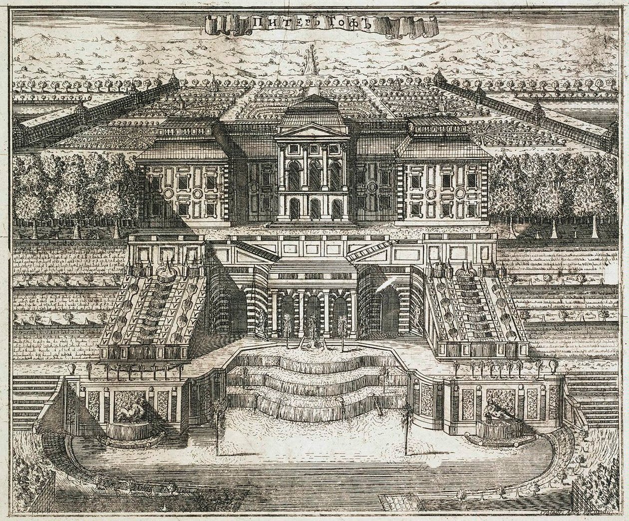 Widok Wielkiego Pałacu w Peterhofie, 1717 r. autorstwa Alexei Ivanovich Rostovtsev