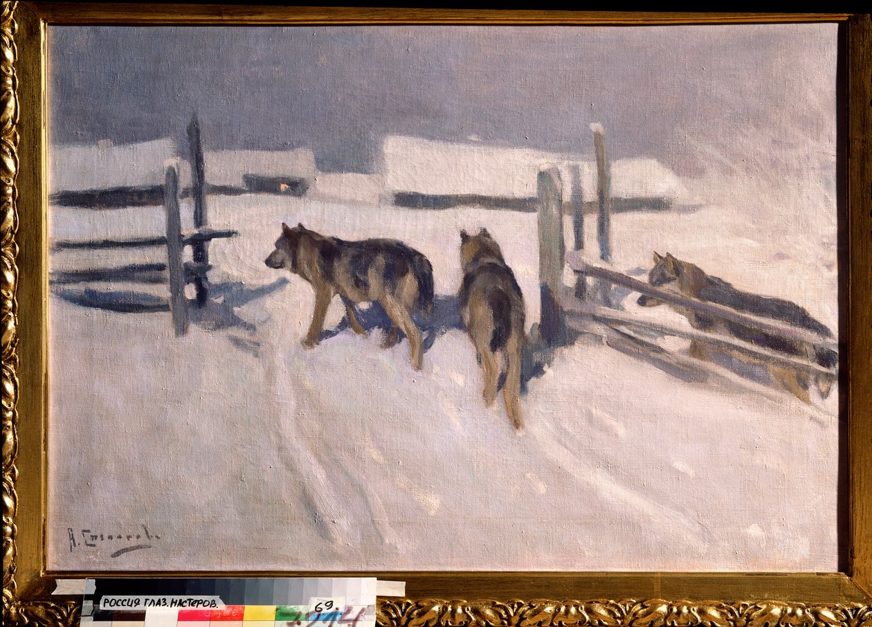 Wilki, zimowa noc (Wilki, Zimowa noc) - Obraz Aleksieja Stiepanowicza Stiepanowa (1858-1923), olej na płótnie, ok. 1910, sztuka rosyjska, początek XX wieku - Kolekcja prywatna autorstwa Alexei Steipanovitch Stepanov