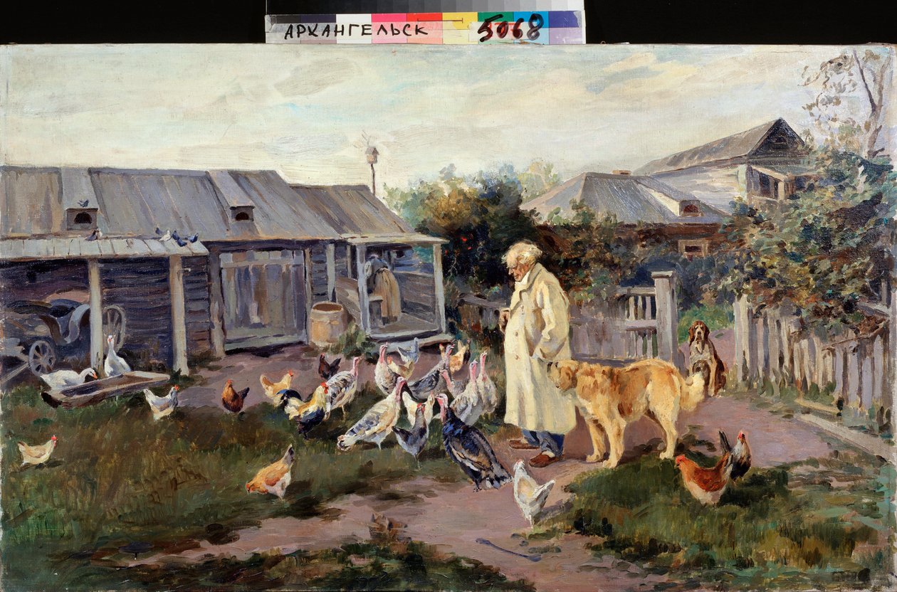 Rano powitanie - Zwierzęta gospodarskie otaczają rolnika - Obraz Aleksieja Stiepanowicza Stiepanowa (1858-1923), olej na płótnie, koniec 1890, sztuka rosyjska autorstwa Alexei Steipanovitch Stepanov