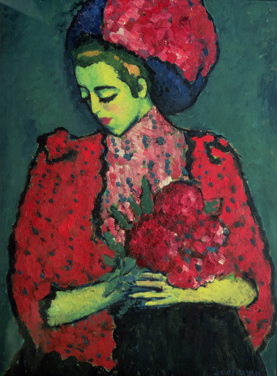 Młoda dziewczyna z piwoniami, 1909 autorstwa Alexej von Jawlensky
