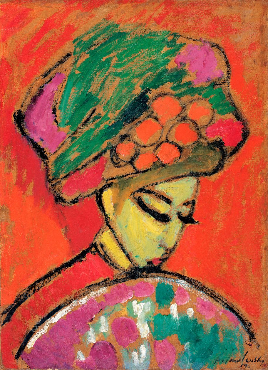 Młoda dziewczyna w kwiecistym kapeluszu - Obraz Alexei von Javlensky (1864-1941) olej na tekturze, 67,5x49 cm autorstwa Alexej von Jawlensky
