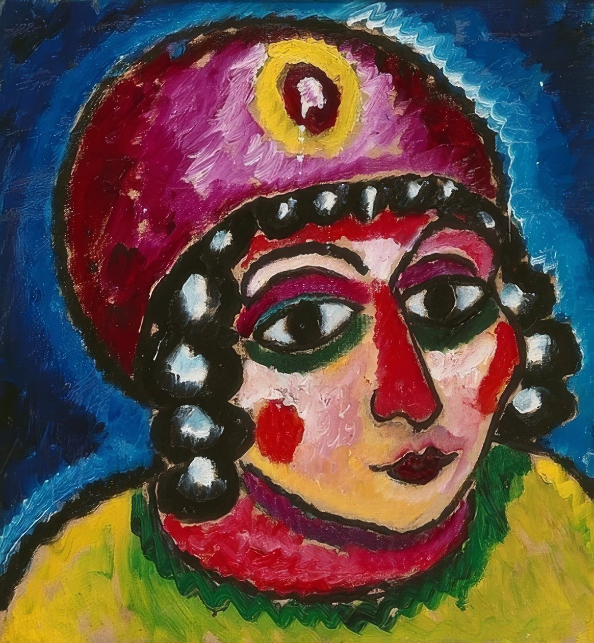 Głowa dziewczyny z czerwonym turbanem i żółtą agrafą (barbarzyńska księżniczka). Około 1912 r. autorstwa Alexej von Jawlensky