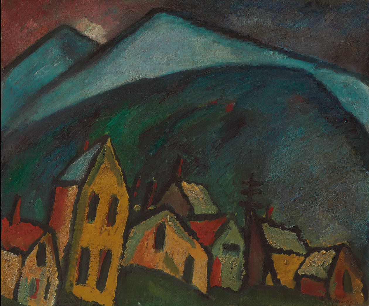 górski krajobraz z domami; Górski krajobraz z domami, 1912 autorstwa Alexej von Jawlensky