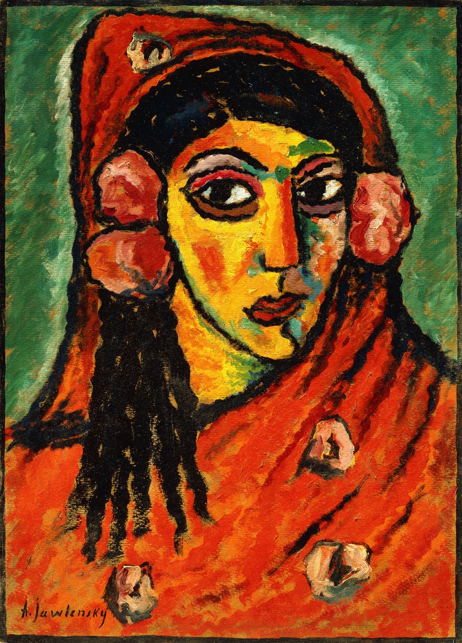 Hiszpańska dziewczyna z czerwonym szalikiem; Hiszpanka w czerwonym szalu, ok. 1912 autorstwa Alexej von Jawlensky