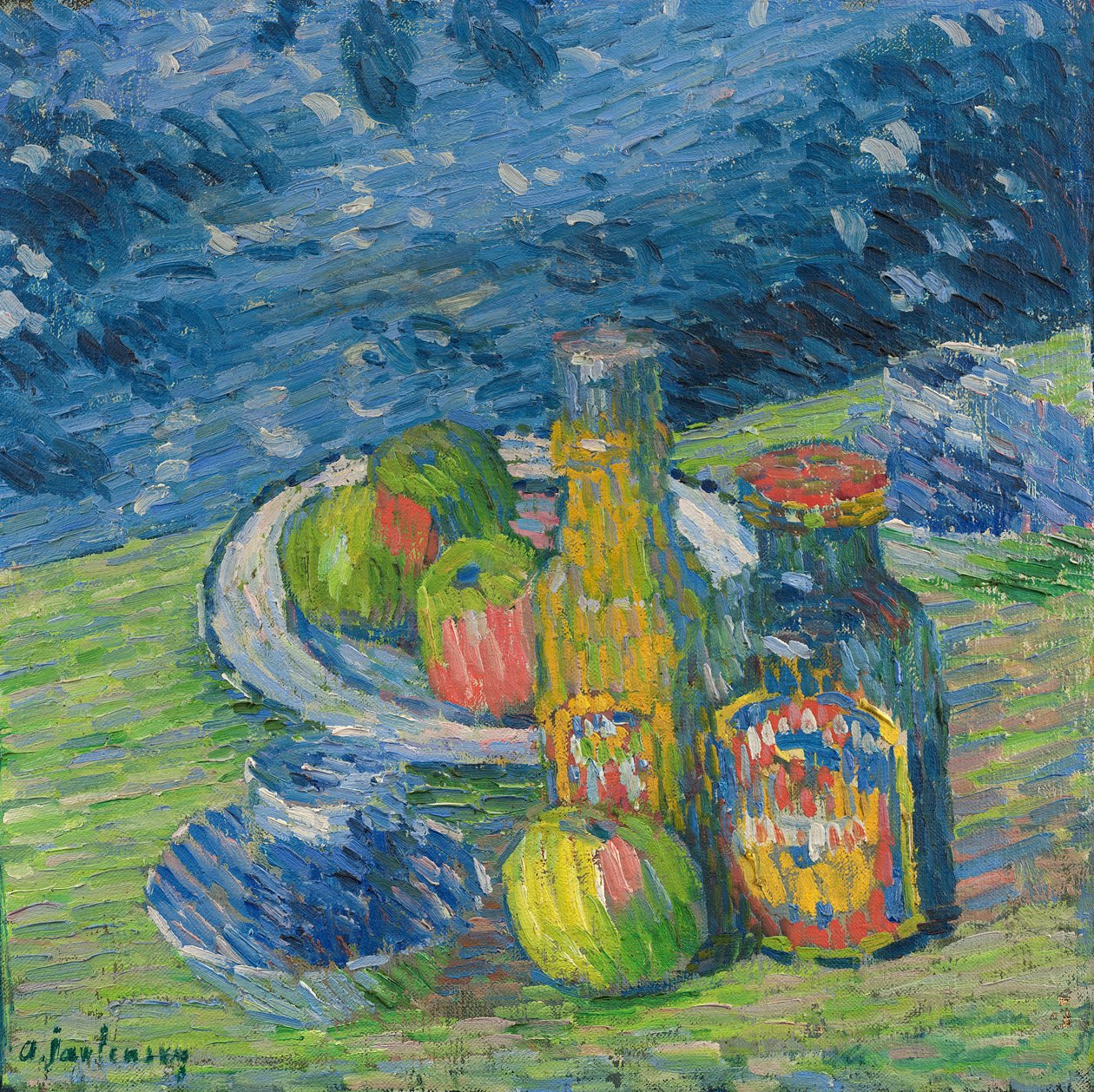 Martwa natura z butelkami i owocami autorstwa Alexej von Jawlensky