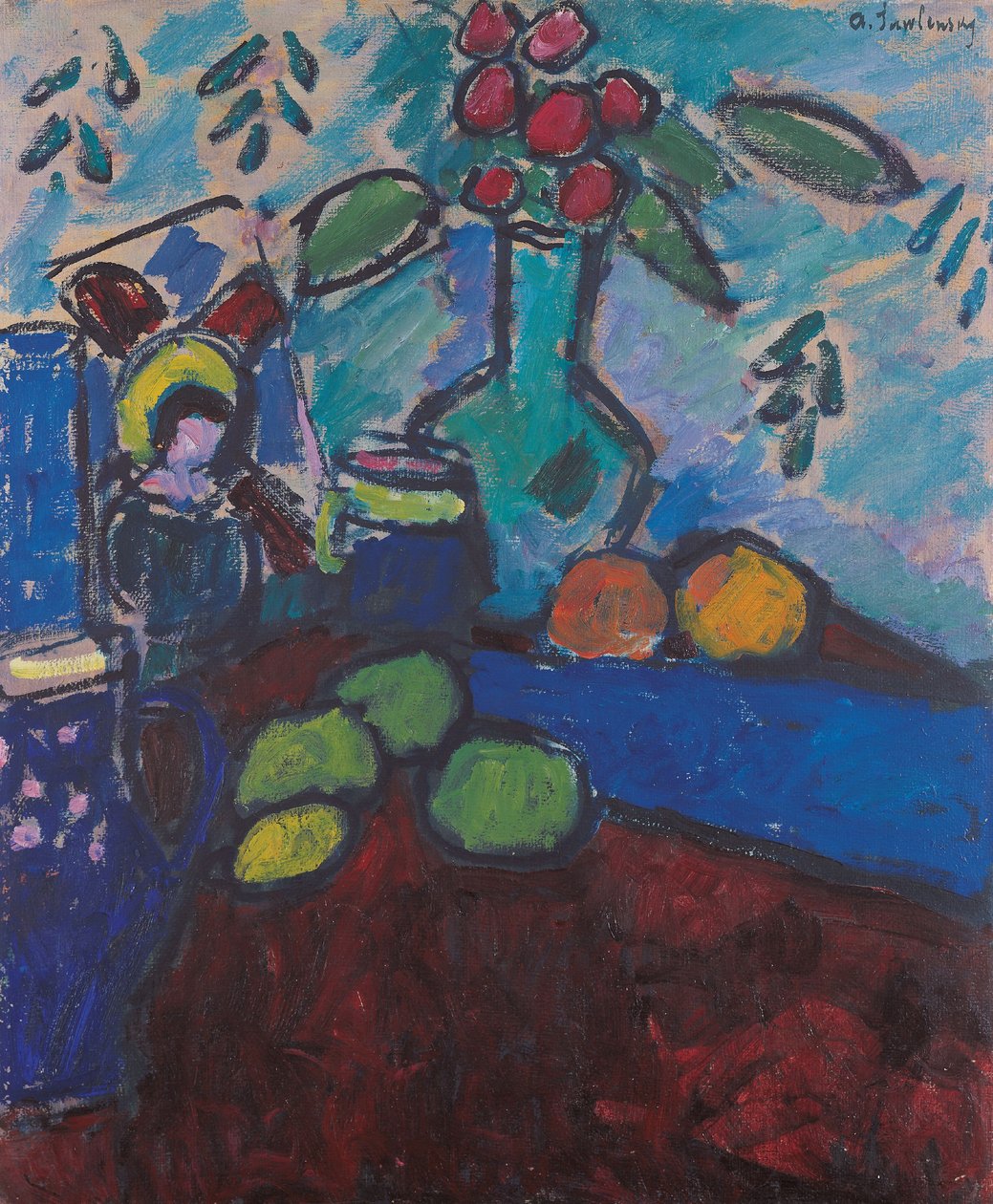 Martwa natura z odwróconym obrazem na szkle, zielonym wazonem i owocami autorstwa Alexej von Jawlensky