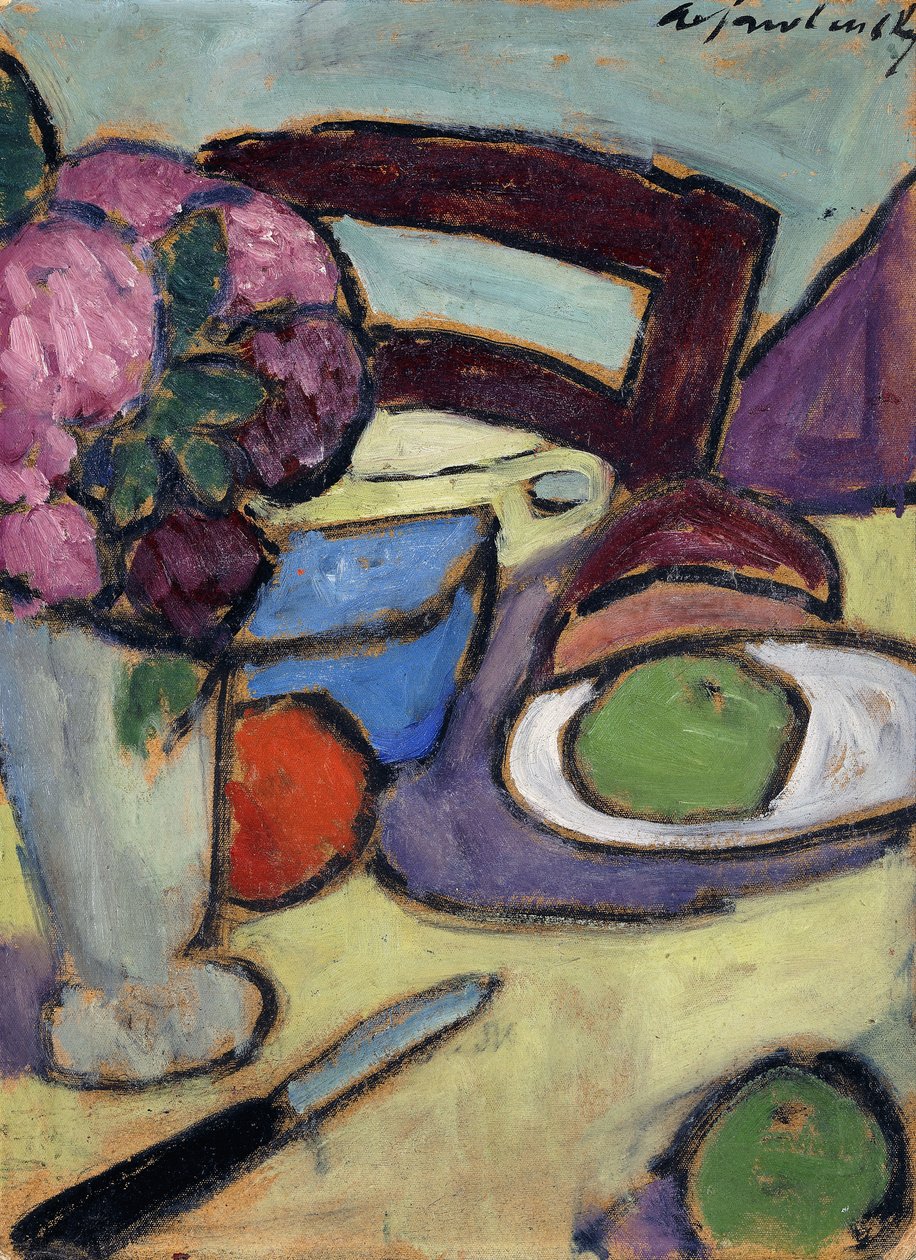 Martwa natura z krzesłem i bukietem; Martwa natura z krzesłem i ulicą kwiatową, 1906 autorstwa Alexej von Jawlensky
