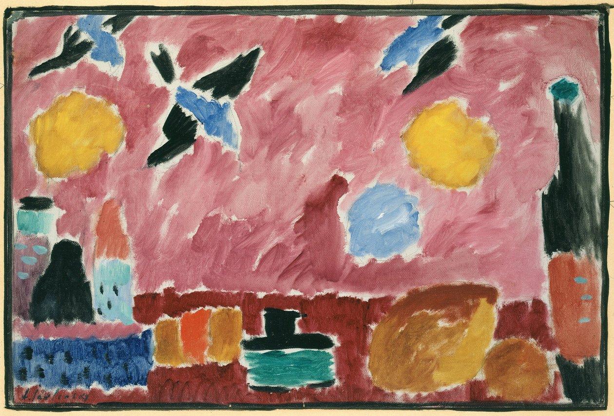 Z czerwoną tapetą z motywem jaskółki, 1915 autorstwa Alexej von Jawlensky