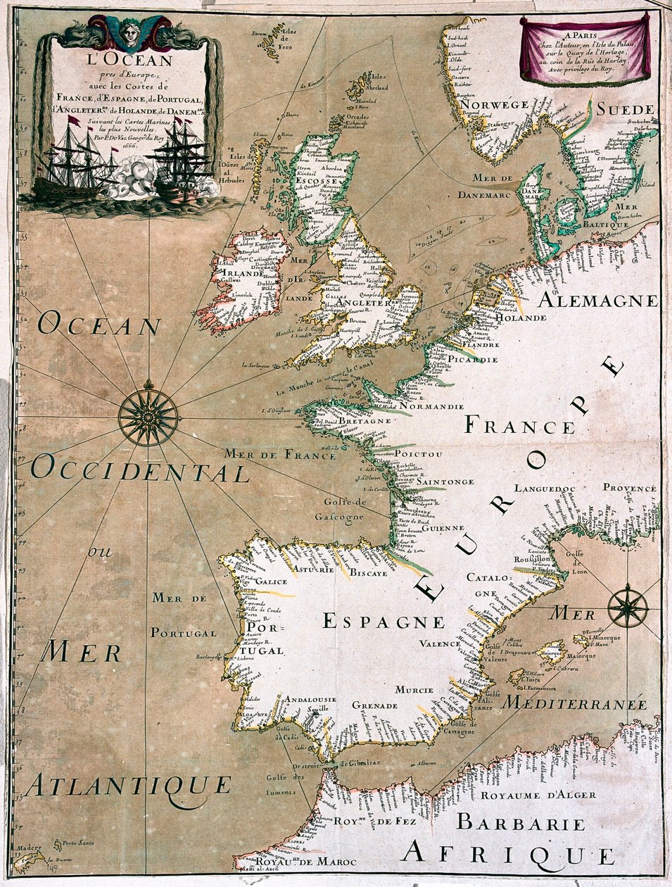 Ocean z wybrzeżem Francji, Hiszpanii, Portugalii, Anglii, Holandii, Danii - według A autorstwa Alexis Hubert Jaillot