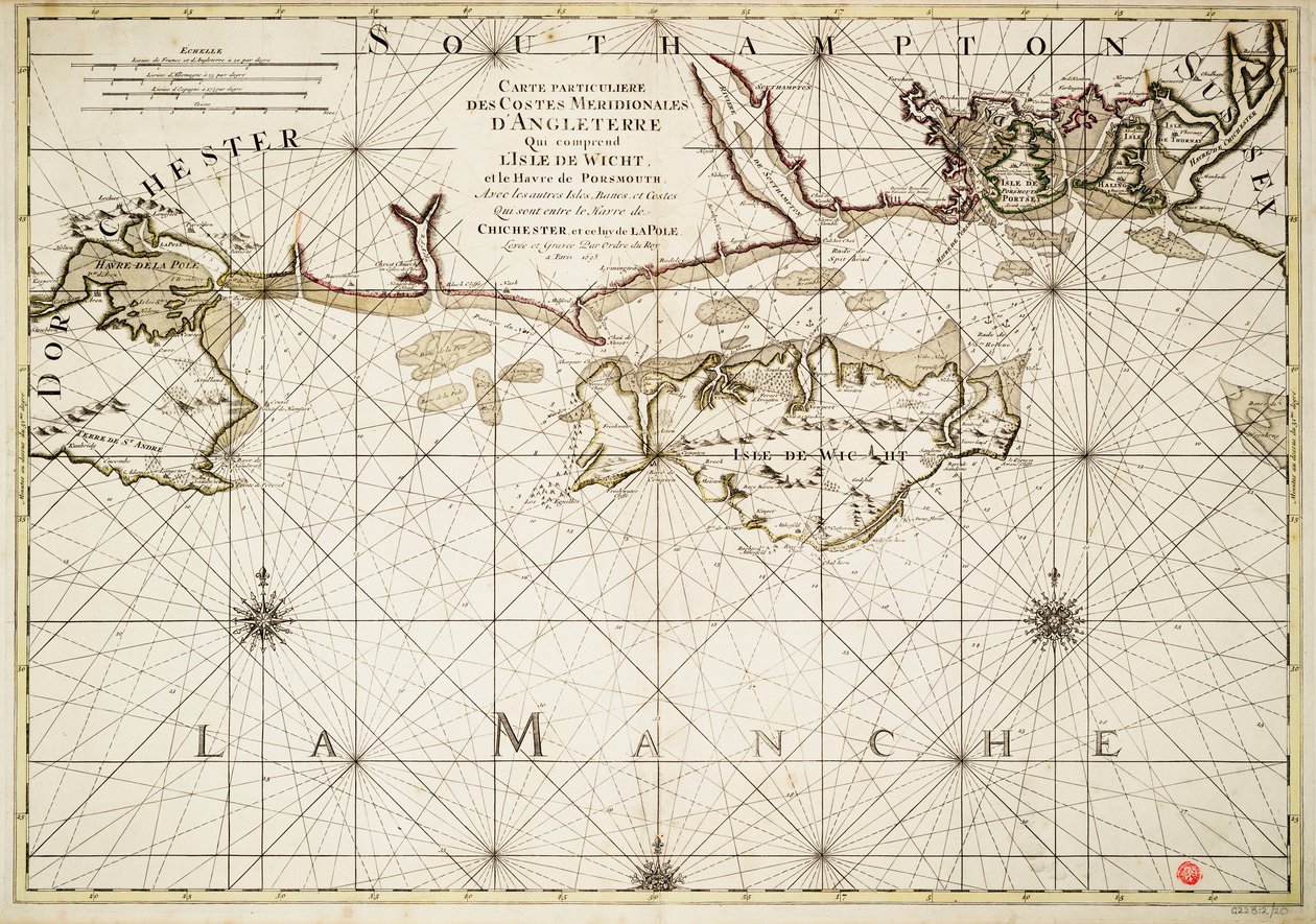 Mapa angielskiego wybrzeża, wyspy Wight i portu Portsmouth autorstwa Alexis Hubert Jaillot