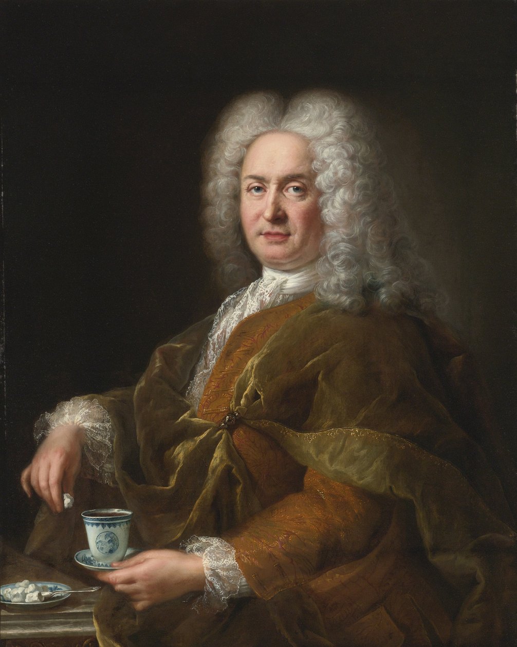 Portret mężczyzny trzymającego filiżankę czekolady autorstwa Alexis Simon Belle