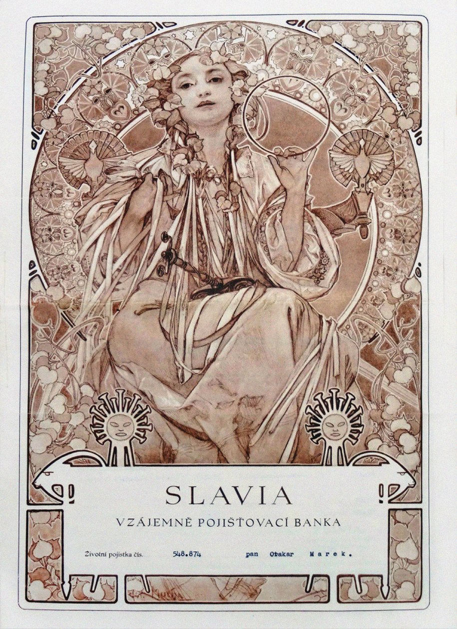 Polisa ubezpieczeniowa Towarzystwa Ubezpieczeniowego Slavia, 1942 r. autorstwa Alfons Marie Mucha