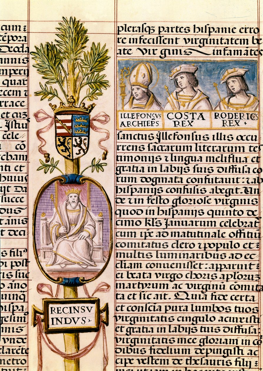 Portret Flaviusa Recceswintha, króla Wizygotów Hiszpanii od 653 do śmierci w 672, miniatura w „Genealogii królów Hiszpanii” autorstwa Alfonso de Cartagena
