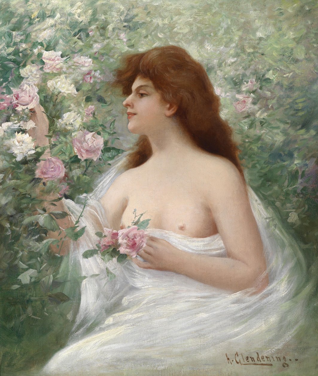 Młoda kobieta zbiera róże autorstwa Alfred Augustus Glendening