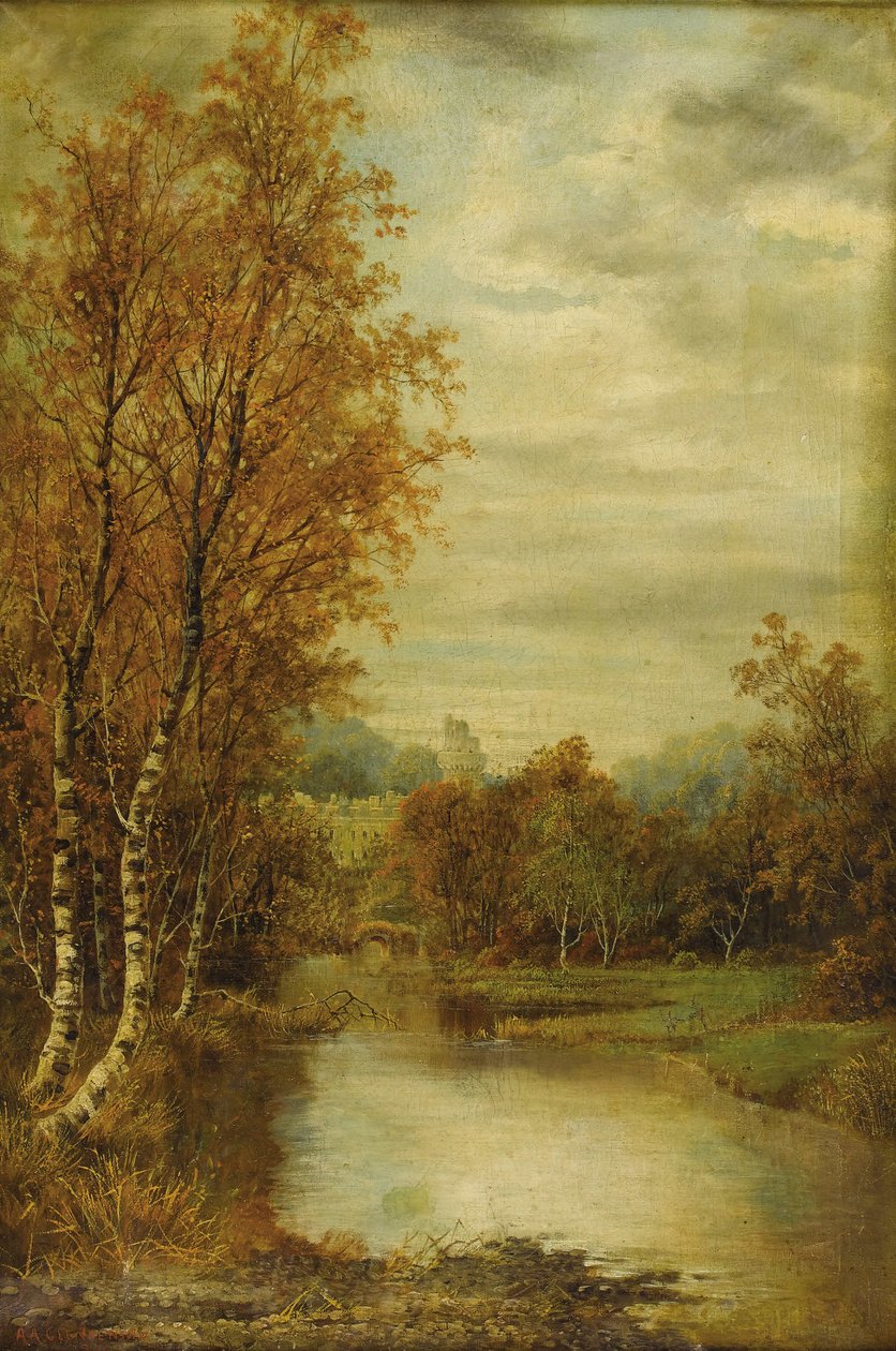 Jesienny krajobraz ze stawem i wieżą zamkową autorstwa Alfred Augustus Glendening