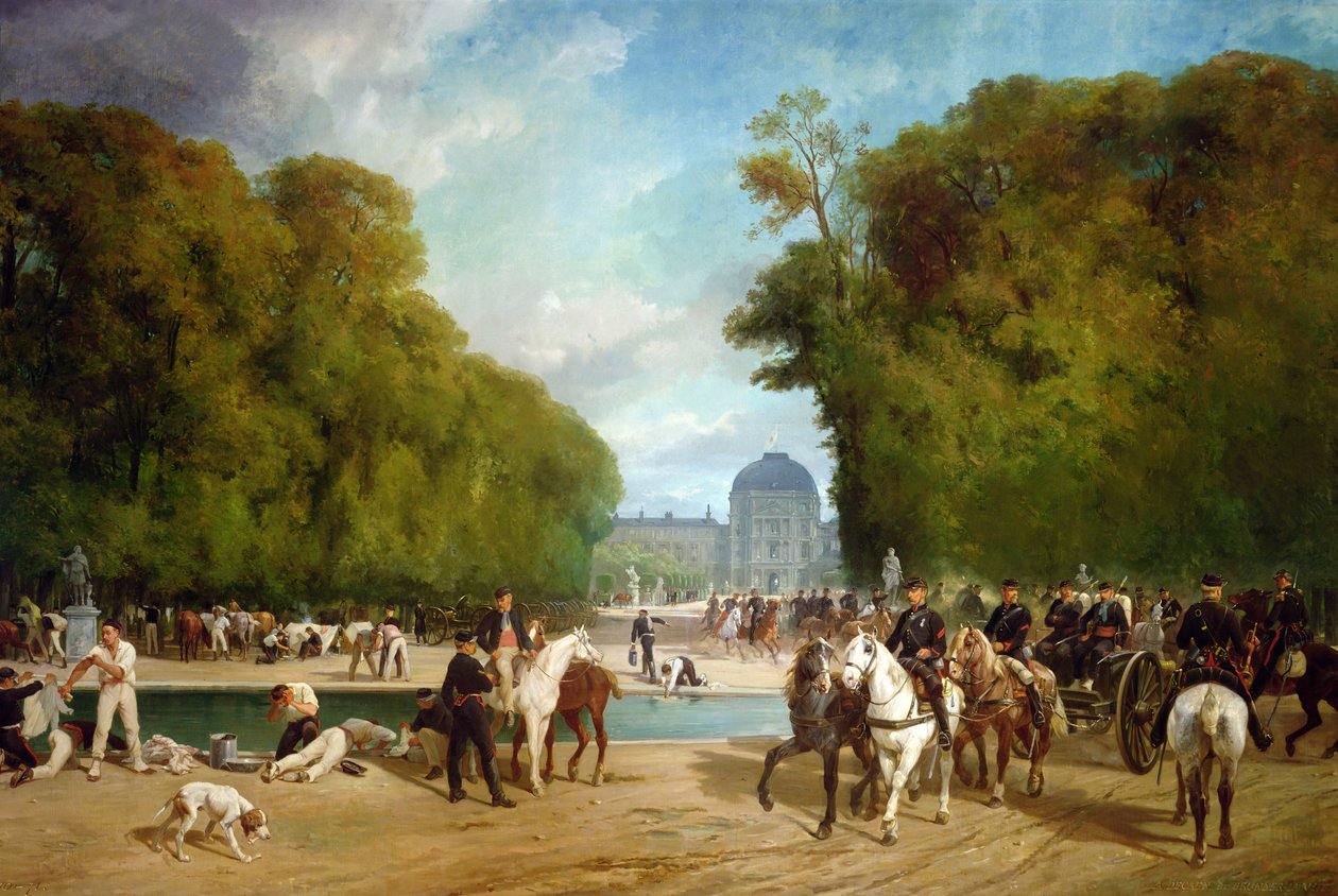 Artyleria francuska rozbiła obóz w ogrodach Tuileries podczas oblężenia Paryża pod koniec września 1870 r. autorstwa Alfred Brunner Lacoste, Emile Decaen