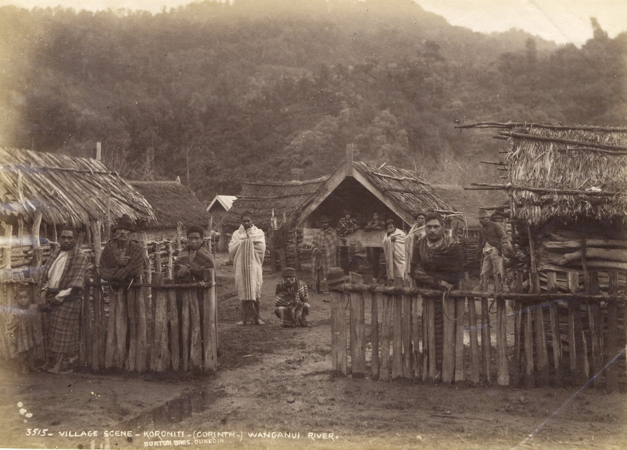 Scena wiejska - Koroniti (Korynt) rzeka Wanganui, 7 maja 1885 (druk albumowy) autorstwa Alfred Burton
