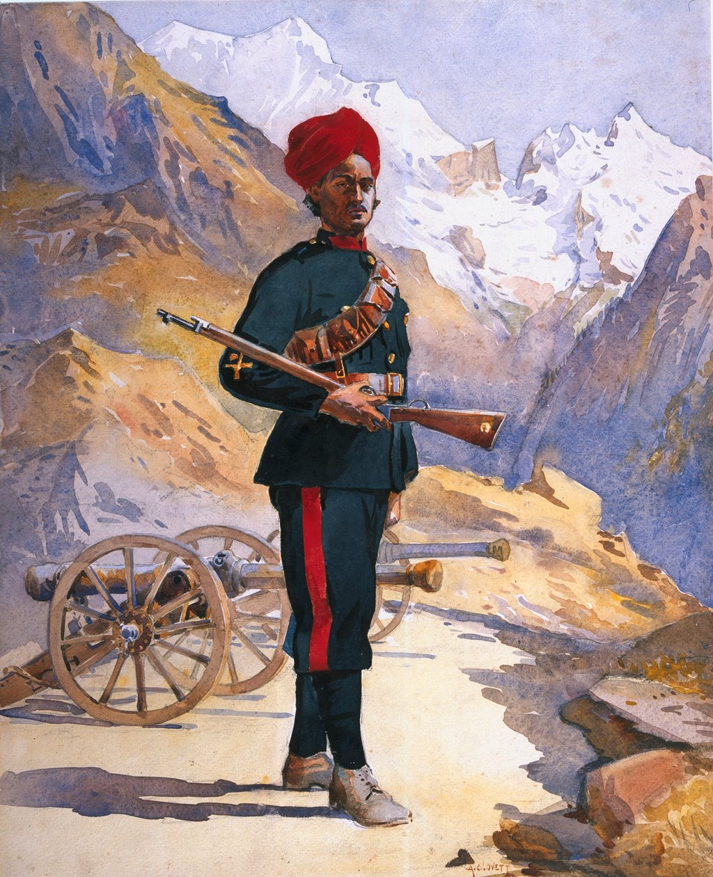 Strzelec baterii górskiej, pendżabski Musalman, ilustracja do „Armies of India” majora G.F. MacMunn, wydana w 1911, 1908 autorstwa Alfred Crowdy Lovett