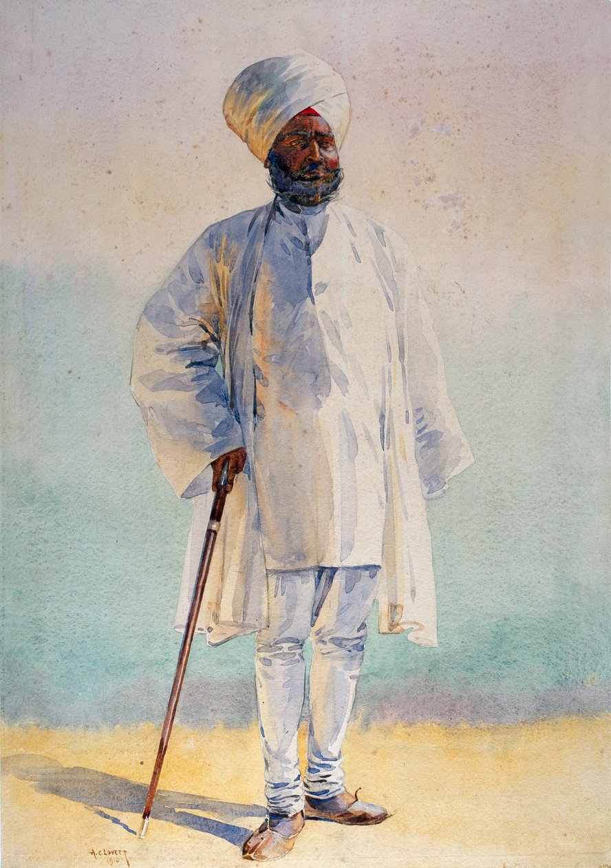 Off to Pension, ilustracja do "Armies of India" autorstwa majora G.F. MacMunna, opublikowana w 1911 roku, 1910 autorstwa Alfred Crowdy Lovett