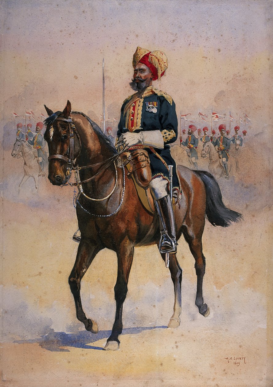 Żołnierz 14. Jat Lancerów Murraya, Risaldar-Major, ilustracja do "Armii Indii" autorstwa majora G.F. MacMunna, opublikowana w 1911 r., 1909 autorstwa Alfred Crowdy Lovett