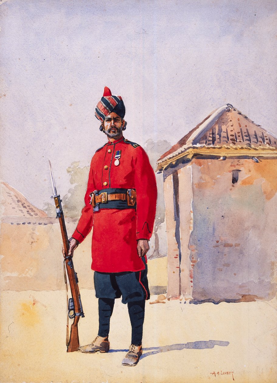 Żołnierz 22. Pendżabczyków Awan z Shahpur, ilustracja do "Armii Indii" autorstwa majora G.F. MacMunna, opublikowana w 1911 roku, 1908 autorstwa Alfred Crowdy Lovett