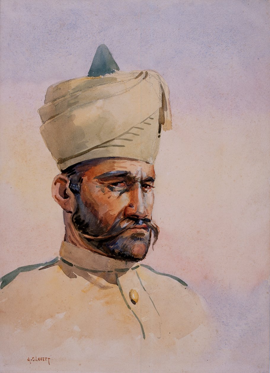 Żołnierz 40. Pathans, Malikdin Khel (Afridi), ilustracja do „Armii Indii” majora G.F. MacMunn, wydana w 1911, 1908 autorstwa Alfred Crowdy Lovett