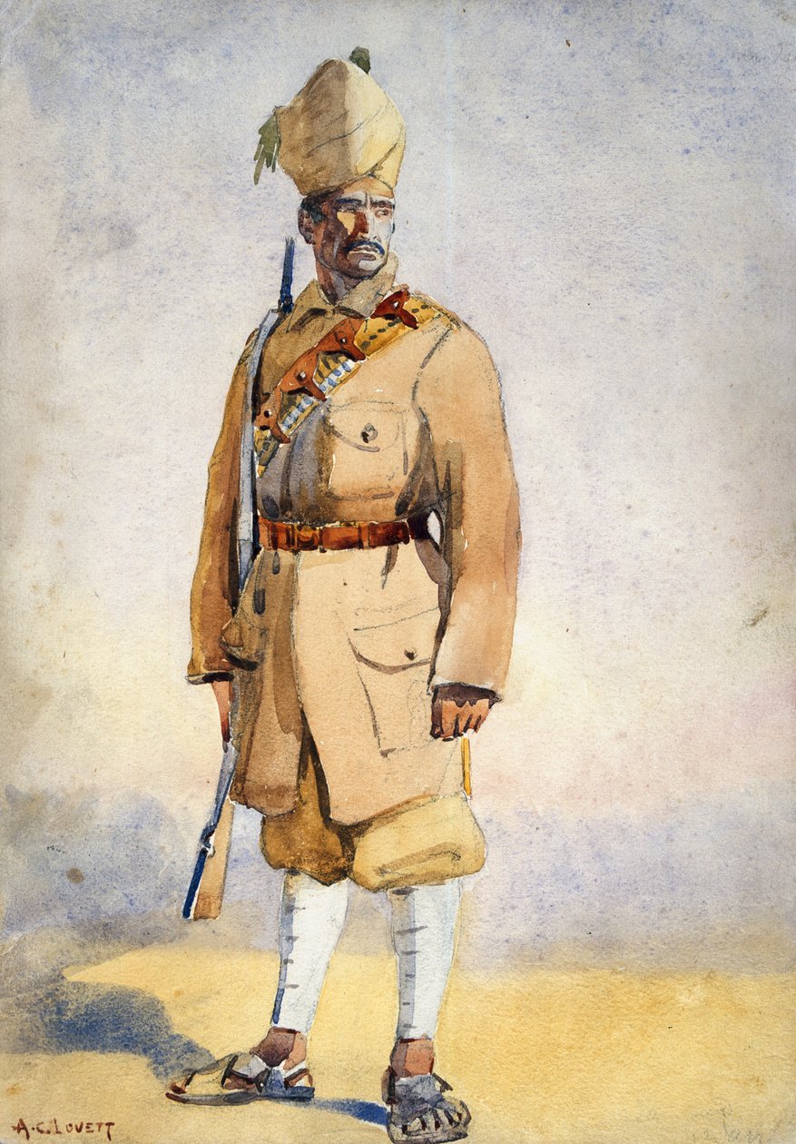 Żołnierz strzelców Khyber, ilustracja do „Armie Indii” majora G.F. MacMunn, wydana w 1911, 1908 autorstwa Alfred Crowdy Lovett