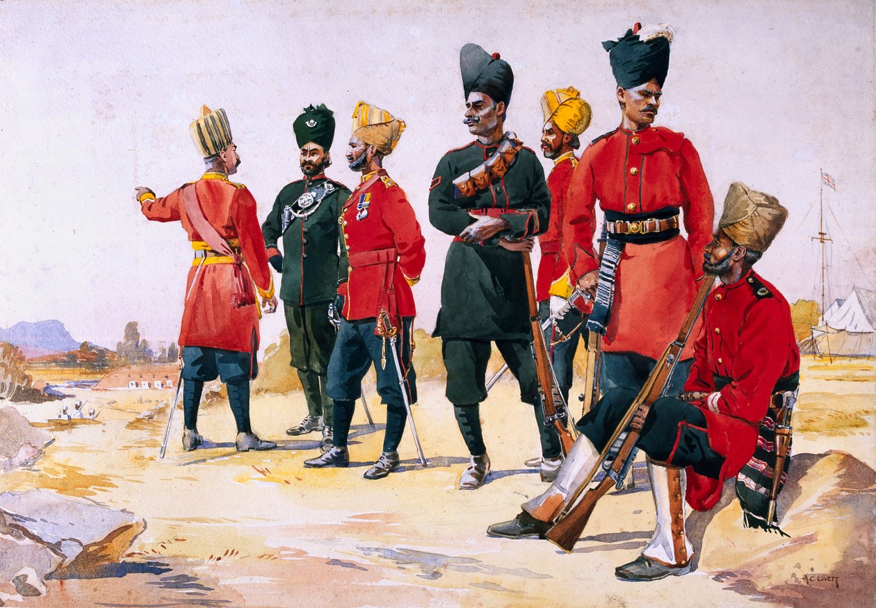 Żołnierz piechoty Rajputana, ilustracja z „Armie Indii” majora G.F. MacMunn, wydana w 1911, 1908 autorstwa Alfred Crowdy Lovett