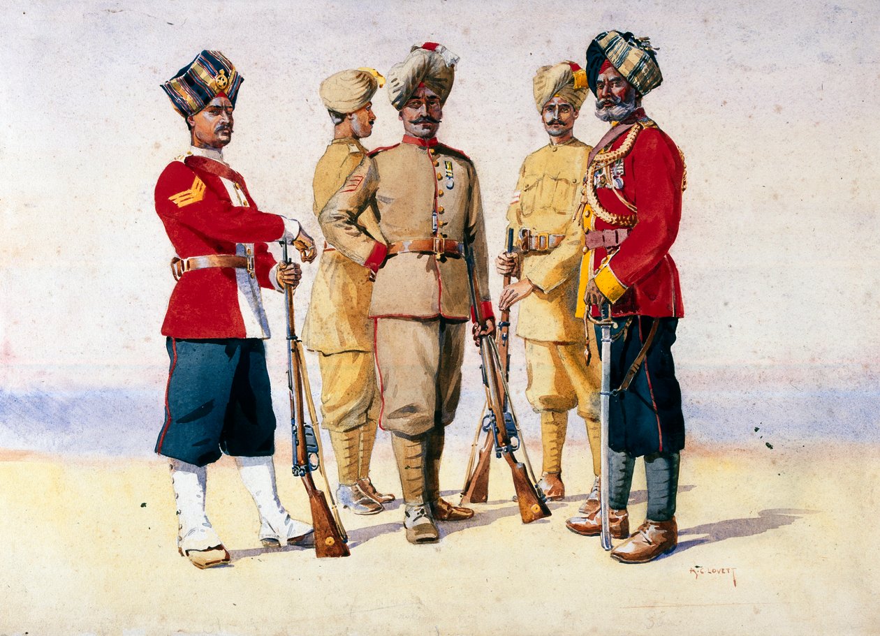Żołnierze różnych pułków, ilustracja do „Armie Indii” majora G.F. MacMunn, wydana w 1911, 1908 autorstwa Alfred Crowdy Lovett