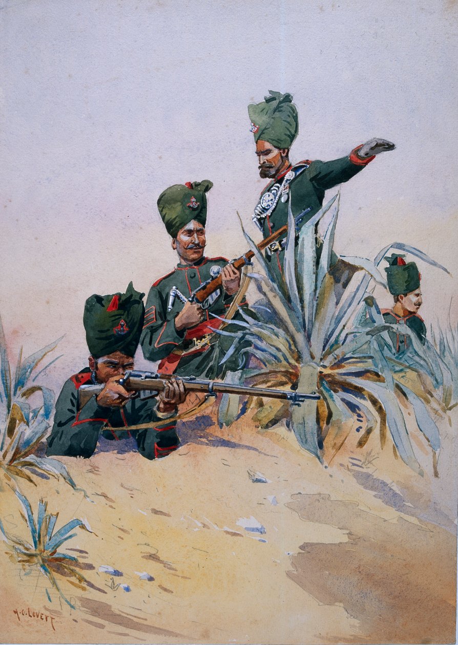 Żołnierze 125. Strzelców Napiera, ilustracja z „Armie Indii” majora G.F. MacMunn, wydana w 1911, 1908 autorstwa Alfred Crowdy Lovett