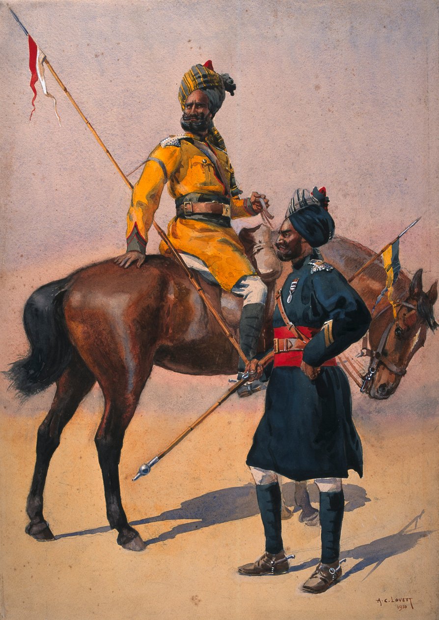 Żołnierze 1. księcia Yorku własnych ułanów (koń Skinnera) Hindustani Musalman i 3. konia Skinnera, Musalman Rajput, ilustracja do „Armies of India” majora G.F. MacMunn, opublikowany w 19 autorstwa Alfred Crowdy Lovett