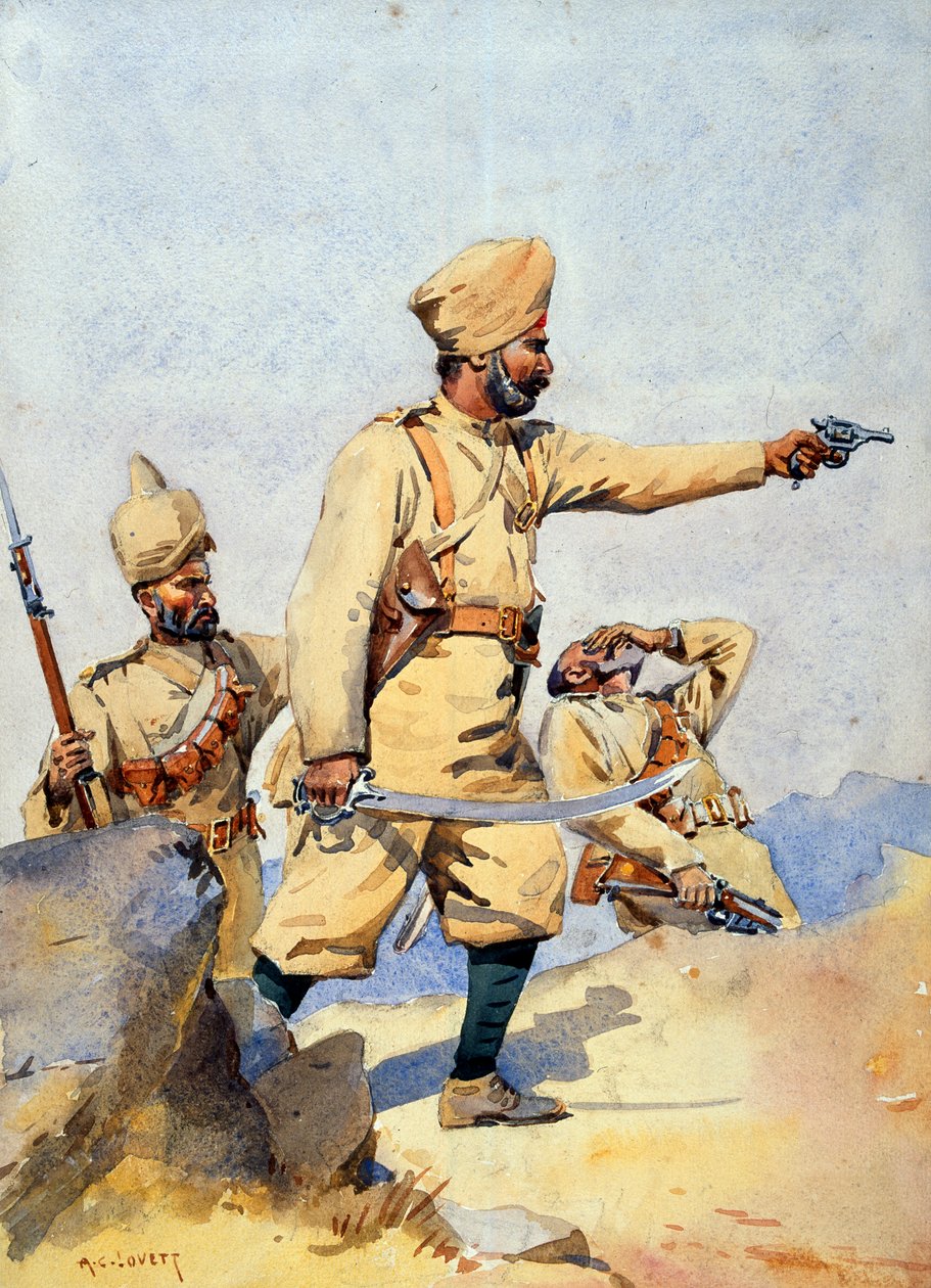 Żołnierze 24. Punjabis Malik Din Khel (Afridi) i Subadar, Jay Sikh, ilustracja do „Armie Indii” majora G.F. MacMunn, wydana w 1911, 1908 autorstwa Alfred Crowdy Lovett