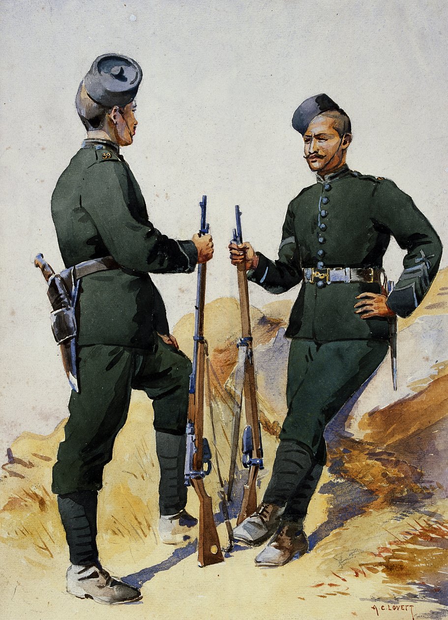 Żołnierze 39. Garwhal Rifles, Garwhalis, ilustracja do „Armies of India” majora G.F. MacMunn, wydana w 1911, 1908 autorstwa Alfred Crowdy Lovett