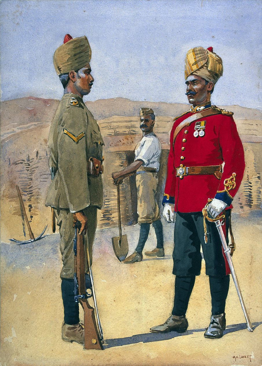Żołnierze 3. lancy saperów i górników, Naik, Brahman z Oudh. Jemadah, Dekhani Mahratti, ilustracja do "Armii Indii" autorstwa majora G.F. MacMunn, opublikowana w 1911 r., 1908 99:mężczyzna; autorstwa Alfred Crowdy Lovett