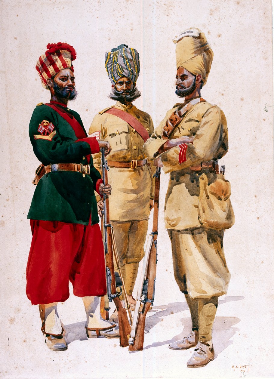 Żołnierze 43. pułku Erinpura, 44. piechoty Merwara i 108. piechoty, ilustracja do „Armie Indii” majora G.F. MacMunn, wydana w 1911, 1910 autorstwa Alfred Crowdy Lovett