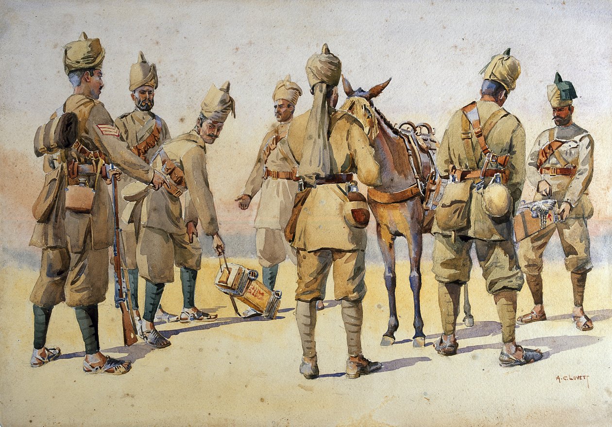 Żołnierze 46. i 33. Pendżabczyków, ilustracja do "Armii Indii" autorstwa majora G.F. MacMunna, opublikowana w 1911 r., 1908 autorstwa Alfred Crowdy Lovett