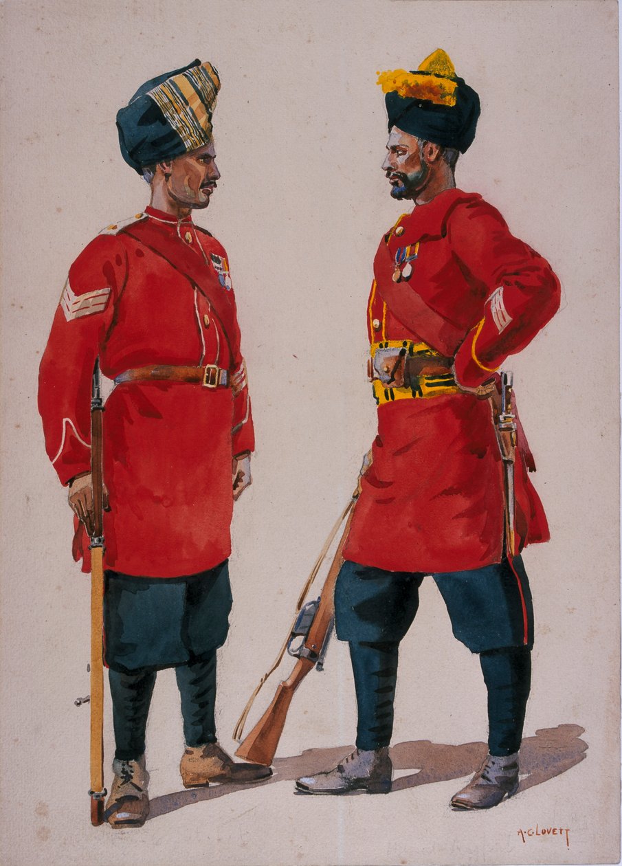 Żołnierze 5-tej Lekkiej Piechoty, Musalman Rajput i 6-tej Lekkiej Piechoty Jat, Jat Havildars, ilustracja do "Armies of India" autorstwa majora G.F. MacMunn, wydana w 1911 roku, 1908 autorstwa Alfred Crowdy Lovett