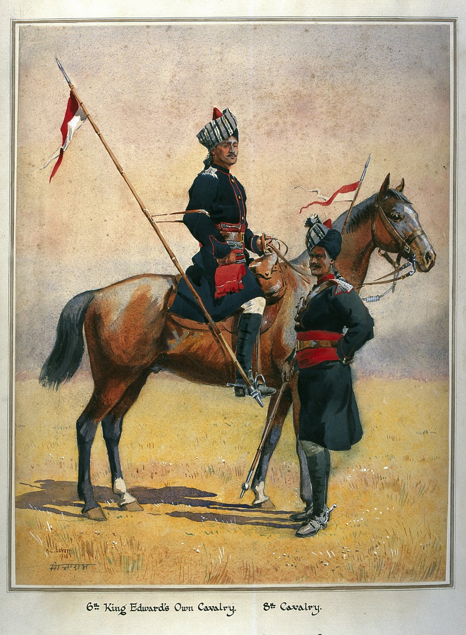 Żołnierze 6. Pułku Kawalerii Edwarda i 8. Pułku Kawalerii, ilustracja do „Armii Indii” majora G.F. MacMunn, wydana w 1911, 1908 autorstwa Alfred Crowdy Lovett