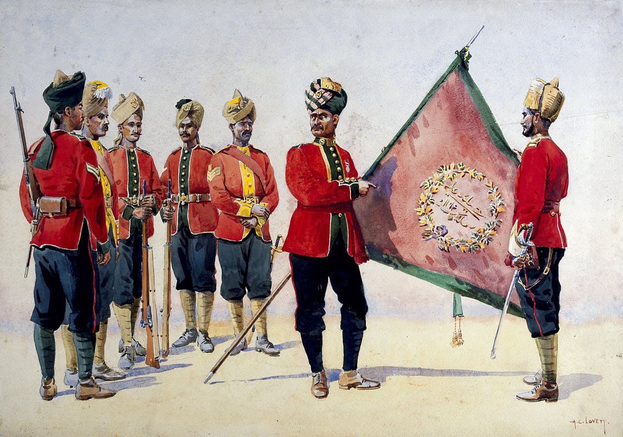 Żołnierze piechoty karnatyckiej, ilustracja do „Armii Indii” majora G.F. MacMunn, wydana w 1911, 1908 autorstwa Alfred Crowdy Lovett