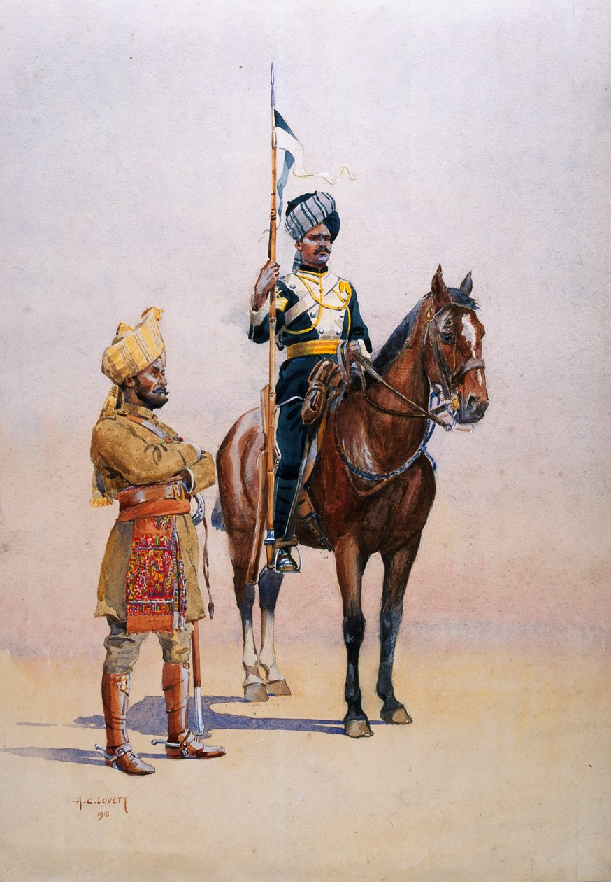 Żołnierze Korpusu Transportowego Mysore, ilustracja z „Armie Indii” majora G.F. MacMunn, wydana w 1911, 1910 autorstwa Alfred Crowdy Lovett