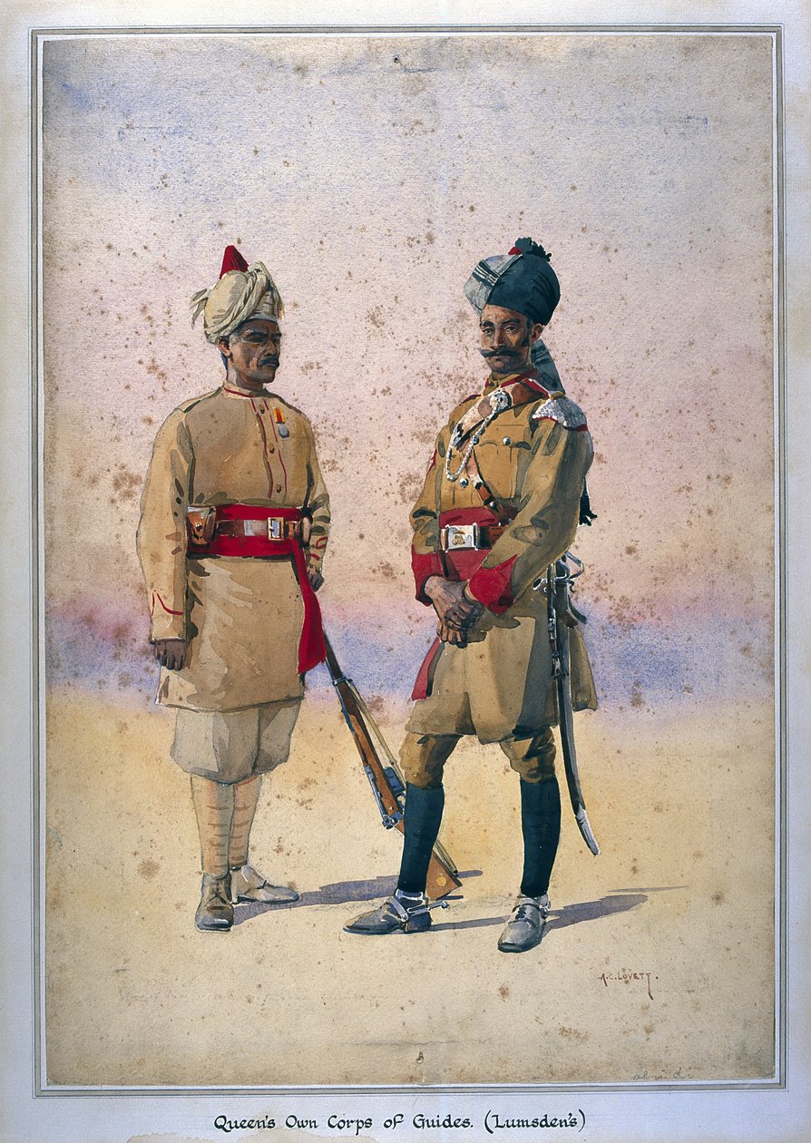 Żołnierze piechoty Korpusu Przewodników Królowej (Lumsden), Tanoli (Pathan) ilustracja do „Armii Indii” majora G.F. MacMunn, wydana w 1911, 1908 autorstwa Alfred Crowdy Lovett