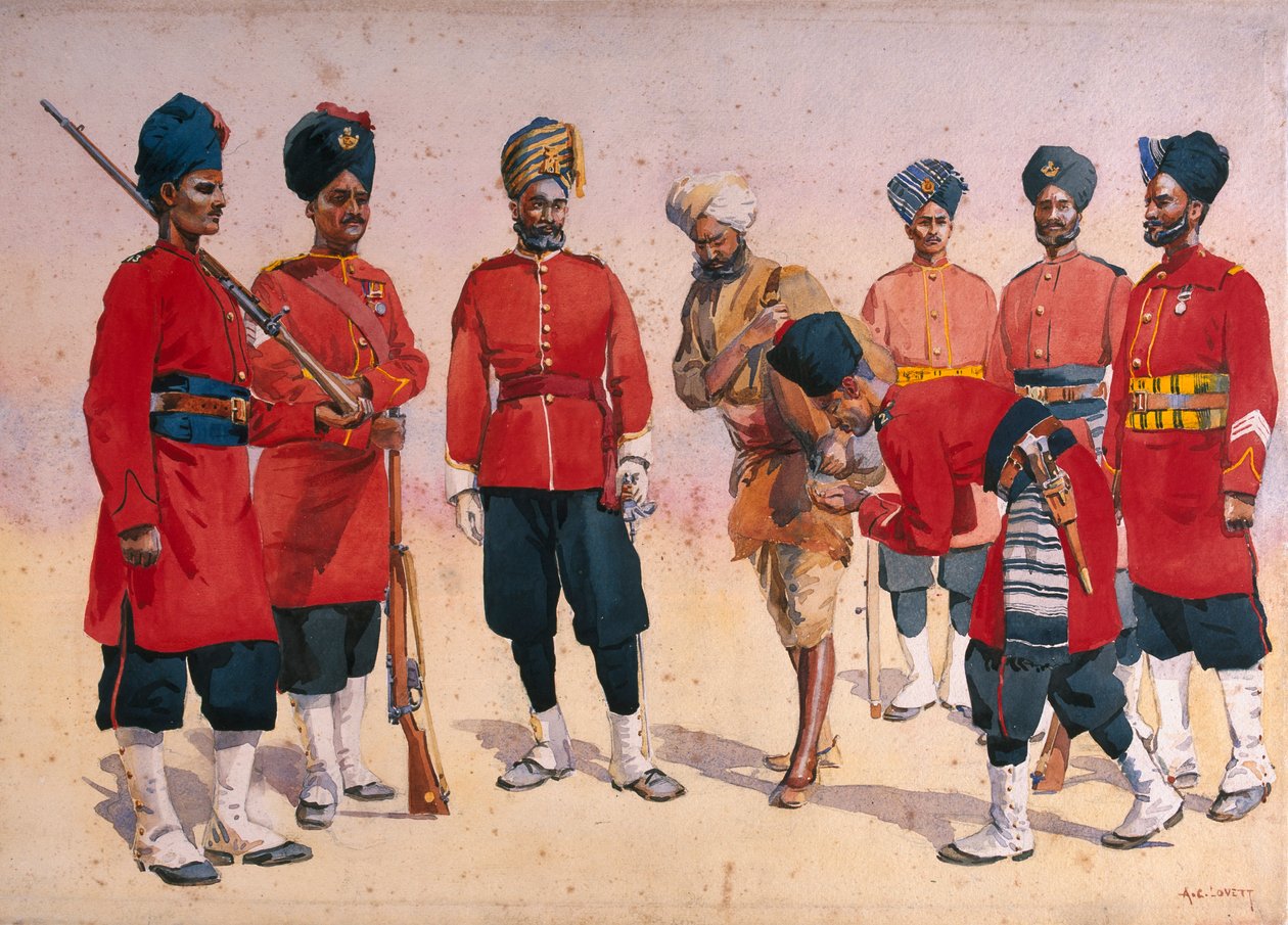 Żołnierze Pułku Radźputów, ilustracja do „Armie Indii” majora G.F. MacMunn, wydana w 1911, 1908 autorstwa Alfred Crowdy Lovett
