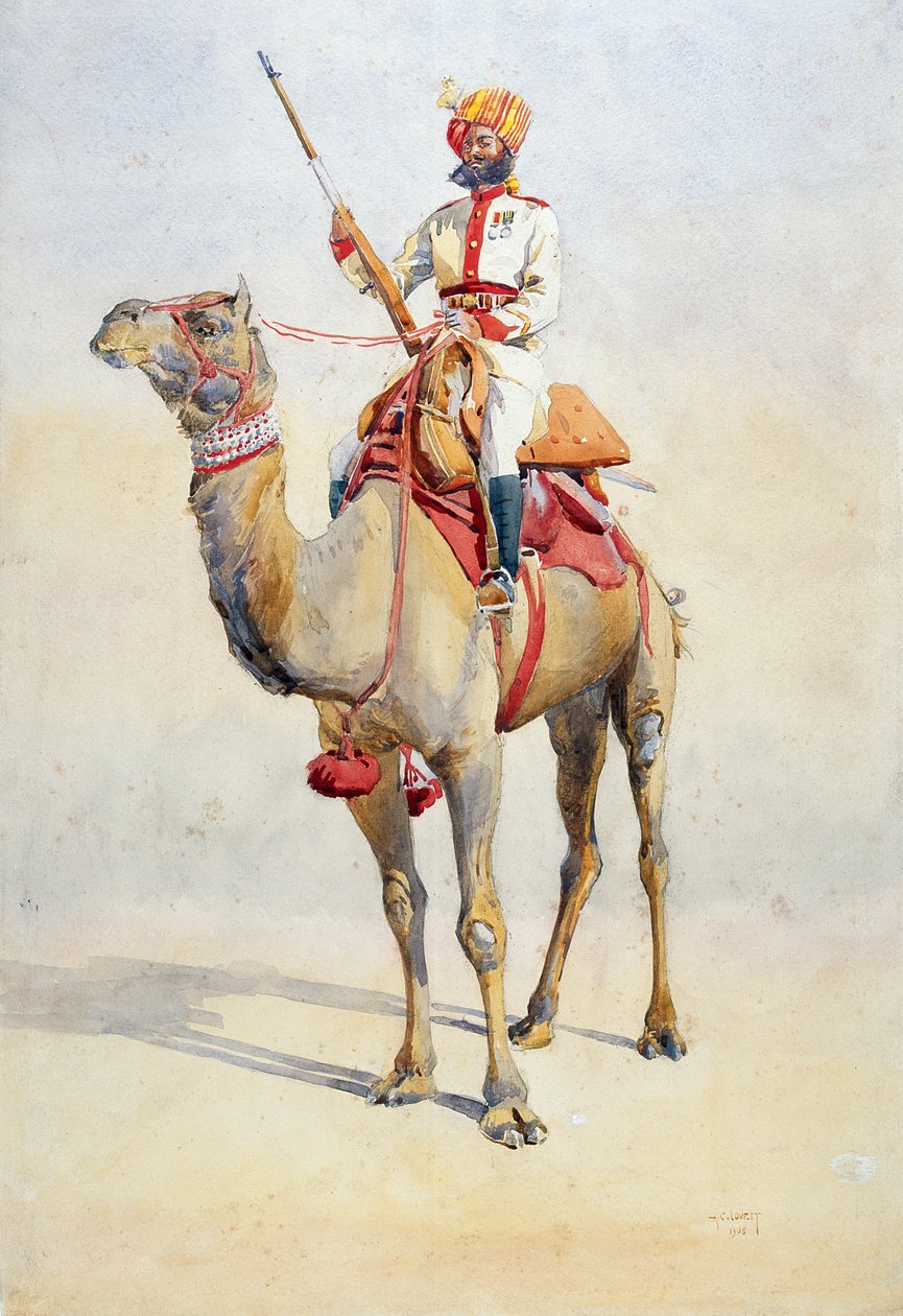 Sowar z Korpusu Wielbłądów Bikanir, ilustracja do "Armii Indii" autorstwa majora G.F. MacMunna, opublikowana w 1911 r., 1908 autorstwa Alfred Crowdy Lovett