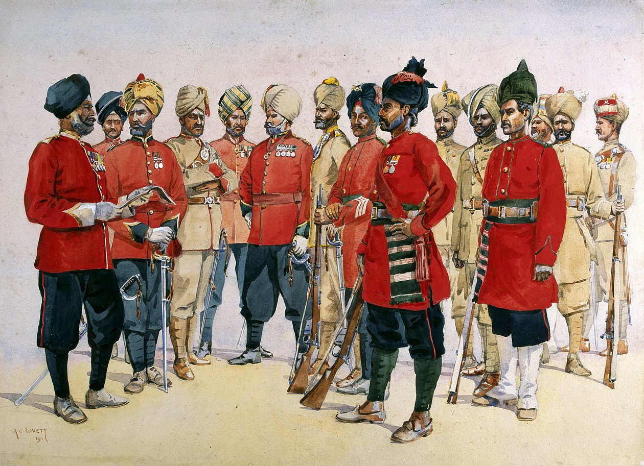 VCO, podoficerowie i sipajowie różnych pułków Pendżab, ilustracja do „Armies of India” majora G.F. MacMunn, opublikowany w 1911 autorstwa Alfred Crowdy Lovett