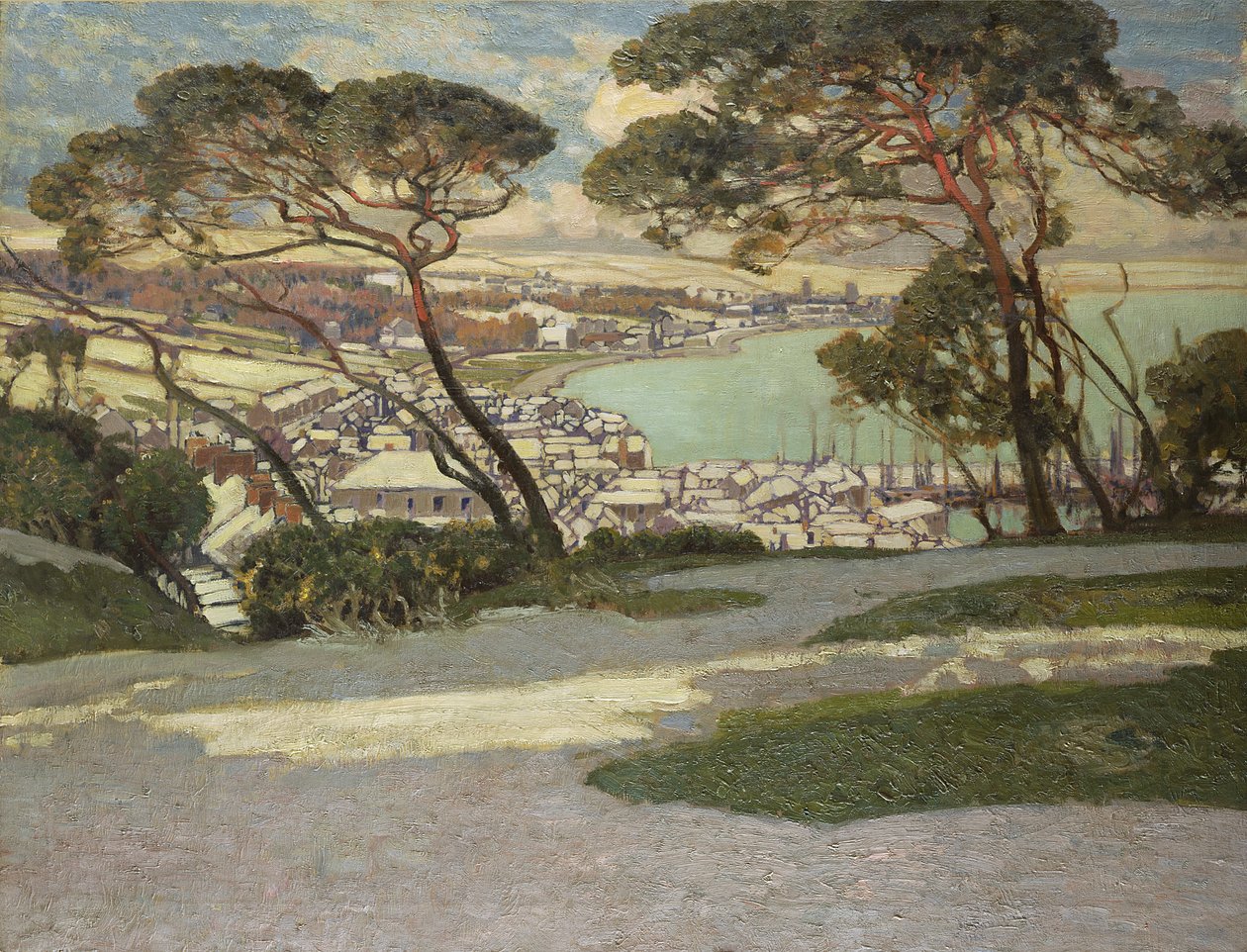 Newlyn, Penzance w oddali od Ogrodu Geoffreya Garniera autorstwa Alfred East