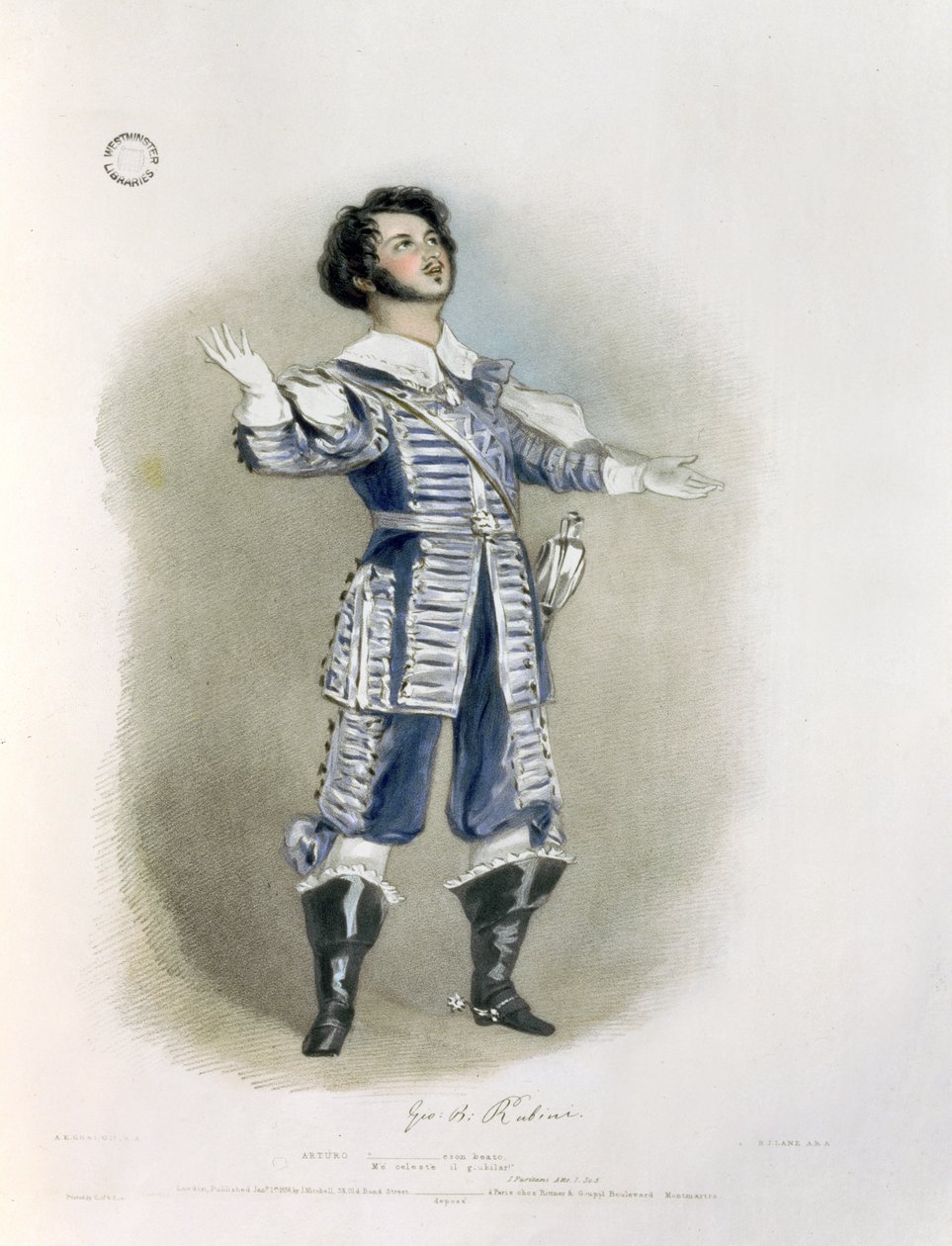 Giovanni Battista Rubini (1794-1854) jako Arturo w "I Puritani", z "Recollections of the Italian Opera", wyryte przez Richarda Jamesa Lane