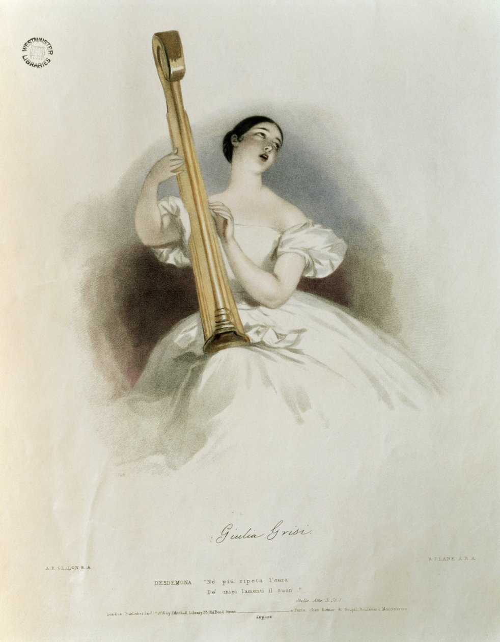 Giulia Grisi (1811-69) jako Desdemona w „Otello”, ze „Wspomnienia z opery włoskiej”, rycił Richard James Lane (1800-72) 1836 autorstwa Alfred Edward Chalon