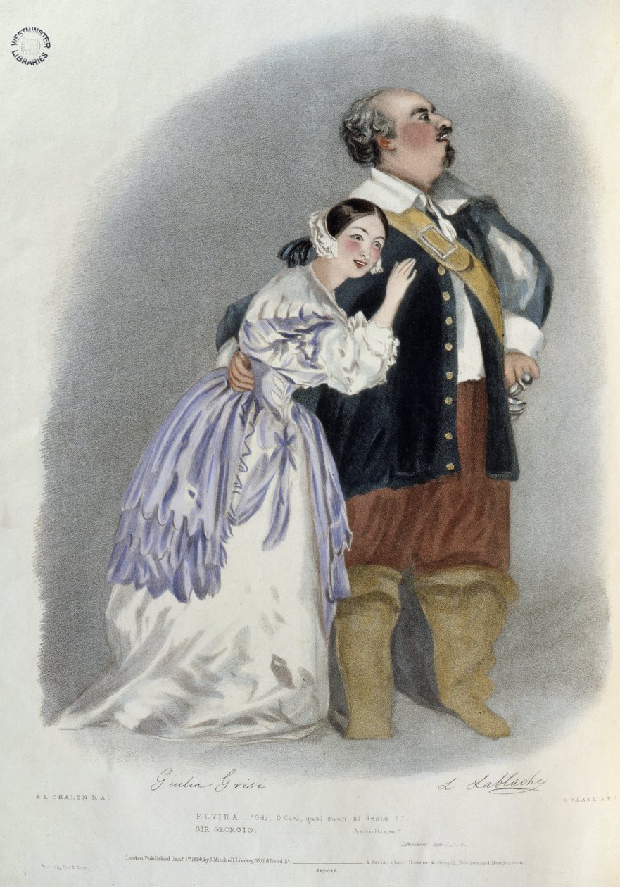 Giulia Grisi (1811-69) jako Elvira i Luigi Lablache (1794-1858) jako Sir George Walton w „I Puritani” ze „Wspomnienia Opery Włoskiej”, sztychowanej przez Richarda Jamesa Lane