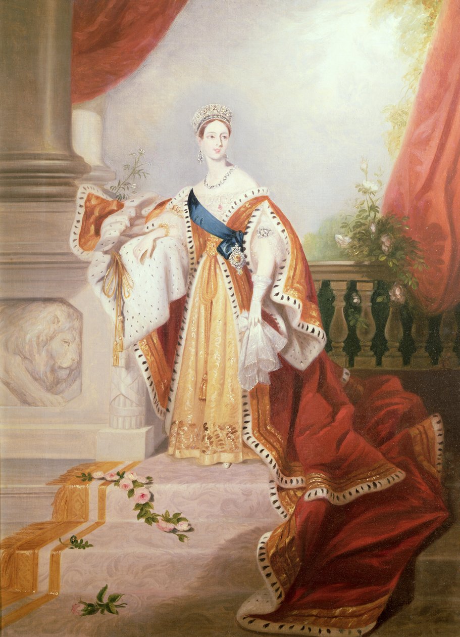 Portret królowej Wiktorii w szatach koronacyjnych autorstwa Alfred Edward Chalon