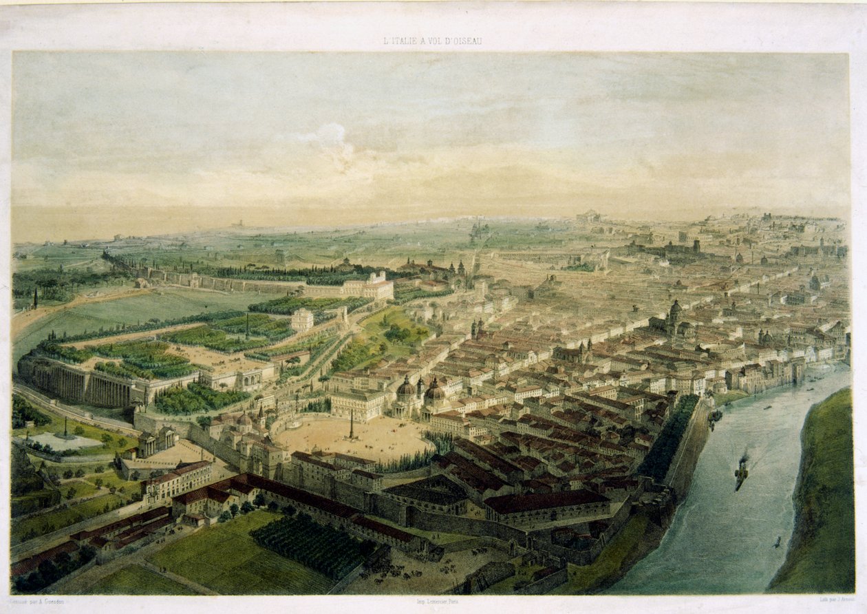 Widok Rzymu nad Porta del Popolo, litografia J. Arnout autorstwa Alfred Guesdon